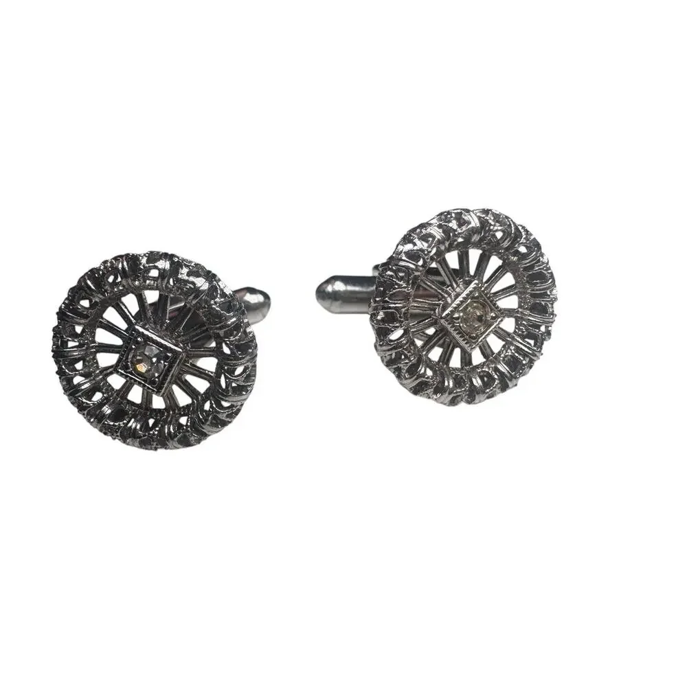 Vintage Silver-Tone Rhinestone Cufflinks – Round Filigree Design